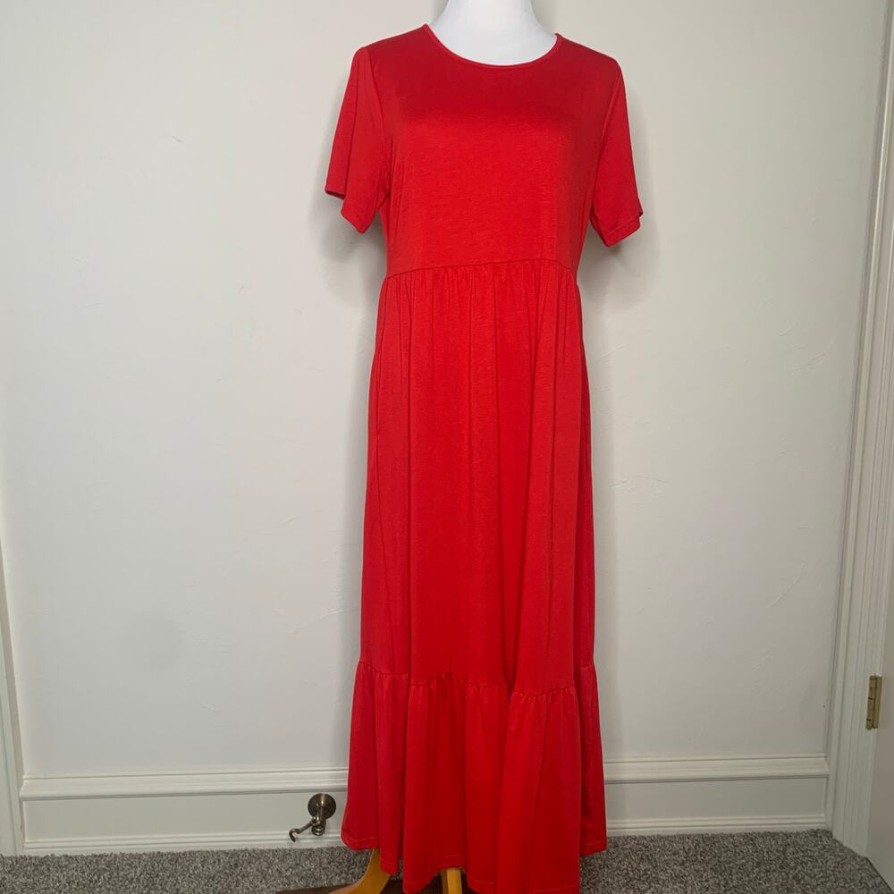 Red Babydoll Tiered Ruffle T Shirt Dress Pockets Sz Large?